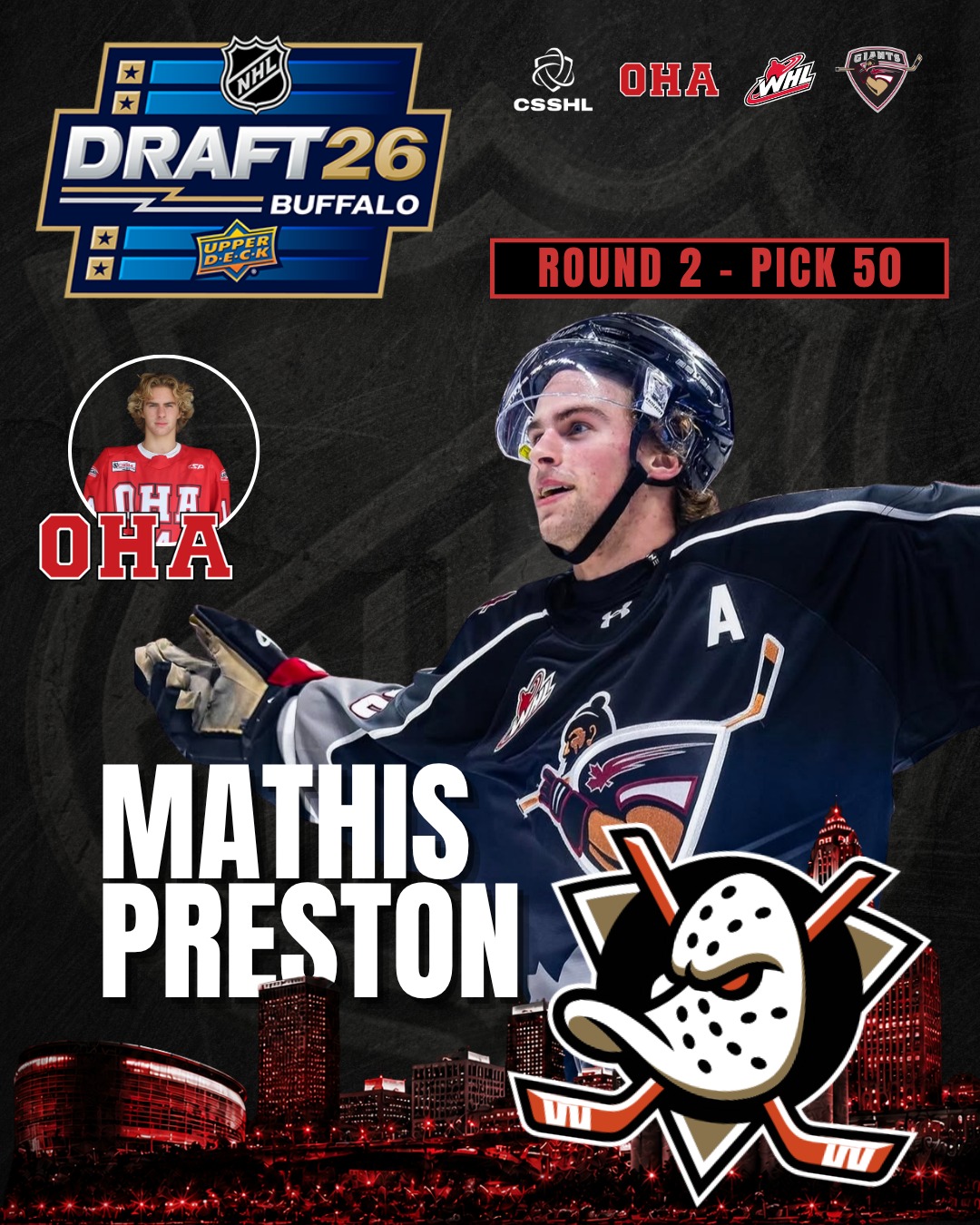 Congratulations to former OHA Penticton student-athlete Mathis Preston on being selected 50th overall in the 2026 NHL Draft by the Anaheim Ducks!🦆🏒

Your time at OHA was just one chapter in an incredible hockey journey, and we're excited to watch the next one unfold!

#NHLDraft #OHA #OkanaganHockey #CSSHL #OHAAlumni