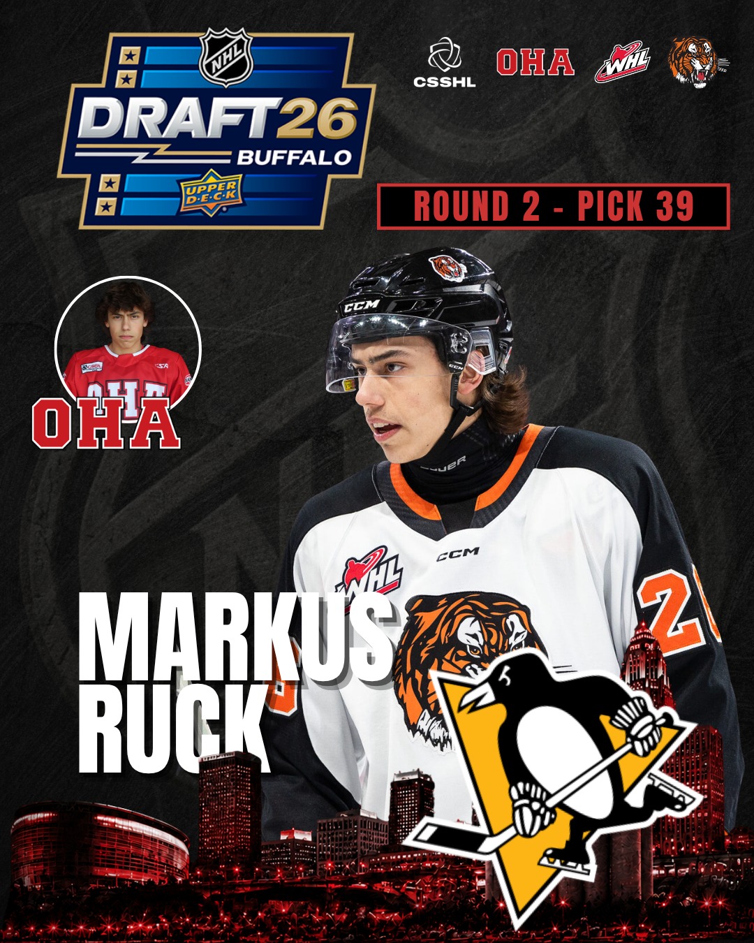 Congratulations to former OHA Penticton student-athlete Markus Ruck on being selected 39th overall in the 2026 NHL Draft by the Pittsburgh Penguins! 🐧🏒 

We're so proud to celebrate this well-deserved milestone with you!

#NHLDraft #OHA #OkanaganHockey #CSSHL #OHAAlumni
