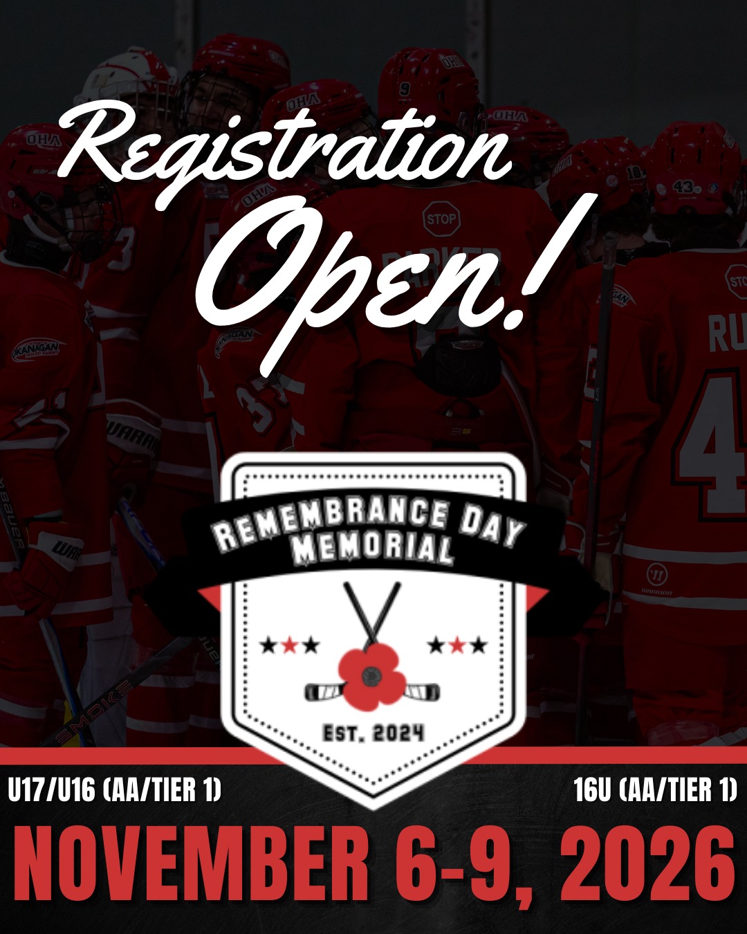 🏒 Two team spots now available!
The 2026 U17 Remembrance Day Memorial is nearly full! We have two additional team spots available for U17/U16/16U AA/Tier 1 teams looking to compete in a premier tournament experience in beautiful Penticton, BC.

📅 November 6–9, 2026
🏒 Age Category: U17/U16/16U (AA/Tier 1)

Don’t miss your opportunity to compete in a high-level weekend of hockey and be part of the action! 

👇 Tag a team who should attend!

🔗 Full details + registration form linked in bio.