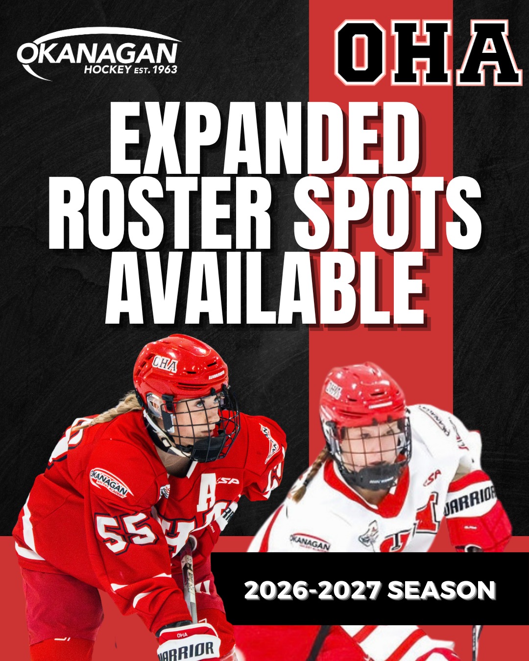 🏒 Expanded Roster Opportunities | 2026–27 Season!
OHA Penticton has 𝐓𝐖𝐎 expanded roster positions available for the 2026–27 season for 𝐟𝐞𝐦𝐚𝐥𝐞 athletes born 2009-2012!

📋 Available Teams: U18 Female Prep, and U18 Female Prep Black

🏒 Available Positions: 𝐃𝐄𝐅𝐄𝐍𝐂𝐄

📍 Location: Okanagan Hockey Academy | Penticton, BC

Interested in an expanded roster opportunity with OHA Penticton? Contact mikeneedham@okanaganhockey.com