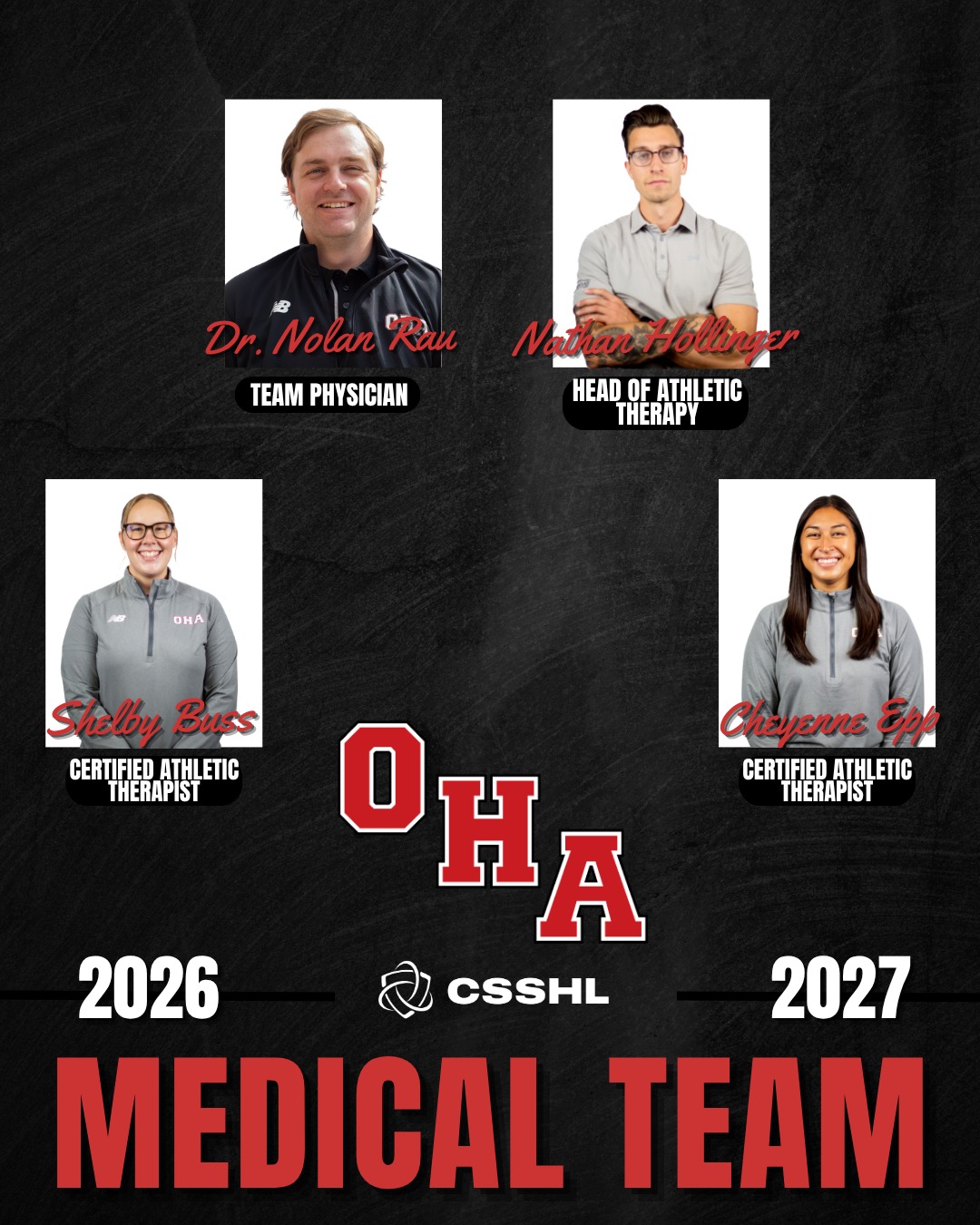 MEET THE TEAM BEHIND OUR TEAMS 🏒🩺
Next up in our staff series: the people behind the health, safety and well-being of our athletes.❤️ 

Meet our Medical Team! The crew supporting our athletes through injury prevention, treatment, recovery and everything in between.

🩺 Team Physician - Dr. Nolan Rau
🏒 Head of Athletic Therapy - Nathan Hollinger
🩹 Certified Athletic Therapist - Shelby Buss
🩹 Certified Athletic Therapist - Cheyenne Epp

Visit our website to read their full bios.
#OkanaganHockey #RollOHA #CSSHL

Up next: our Student Life & Academics Team 📚😎