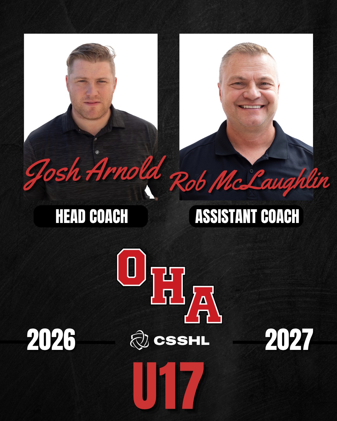 MEET THE TEAM BEHIND OUR TEAMS🏒

Introducing the coaches behind our U17 Program 👊
🏒 Josh Arnold — Head Coach
🏒 Rob McLaughlin — Assistant Coach

With a wealth of experience and a passion for developing the next generation of hockey players, Josh and Rob are ready to lead our U17 athletes through another season of growth, competition and development. 💪

Visit our website to read their full bios.
#OkanaganHockey #RollOHA #CSSHL

Up next: our U18 Female Prep Black Team Coaches 👀🏒