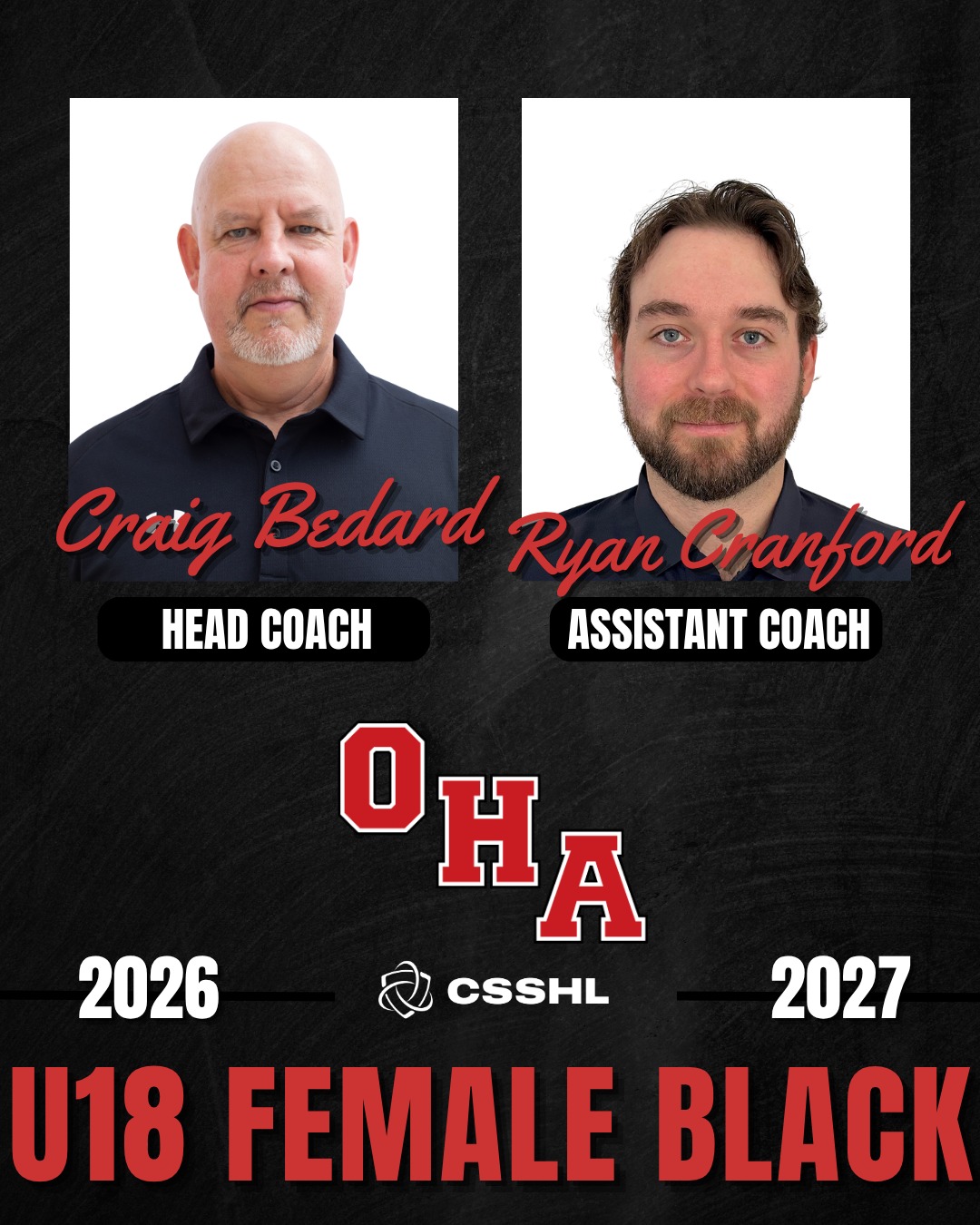 MEET THE TEAM BEHIND OUR TEAMS 🏒

Introducing the coaches behind our U18 Female Prep Black team 👊
🏒 Craig Bedard — Head Coach
🏒 Ryan Cranford — Assistant Coach

With experience, passion and a commitment to developing female hockey players, Craig and Ryan are ready to lead our U18 Female Prep Black athletes through a season of growth, competition and development. 💪

A big welcome to Ryan as he joins the OHA coaching staff this season!

Visit our website to read their full bios.
#OkanaganHockey #RollOHA #CSSHL

Up next: the coaches behind our U18 Female Prep team!🏒
