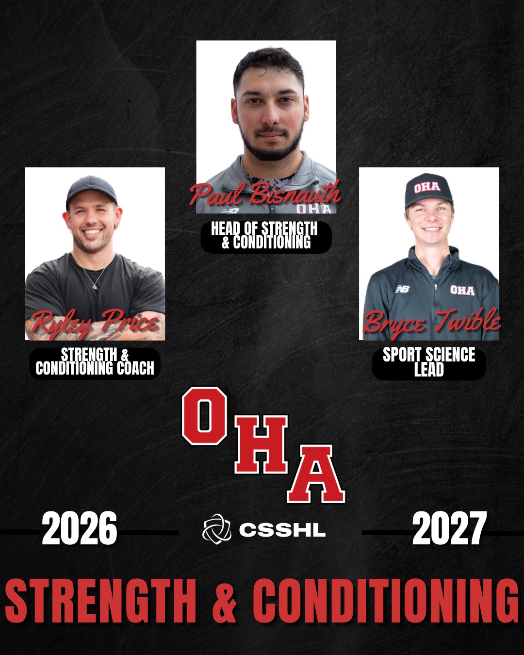 MEET THE TEAM BEHIND OUR TEAMS 🏒💪
We’re kicking off our staff series by introducing the people behind the performance. 👀

Meet our Strength & Conditioning team! The crew helping our athletes get stronger, faster and more prepared for everything the game demands.

💪 Head of Strength & Conditioning - Paul Bisnauth
🏋️ Strength & Conditioning Coach - Ryley Price
🧠 Sport Science Lead - Bryce Twible

Visit our website to read their full bios.
#OkanaganHockey #RollOHA #csshl 

Up next: our Medical Team😎